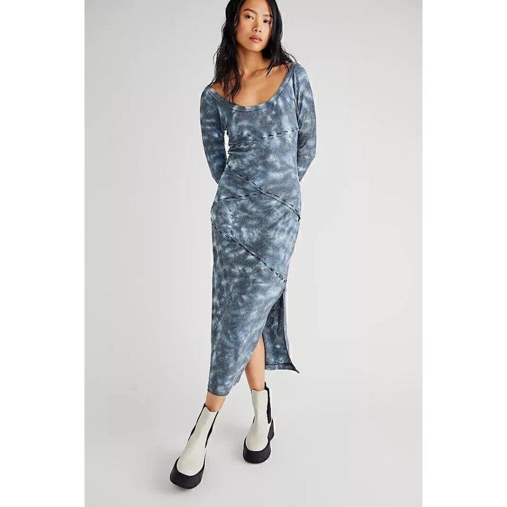 NWT FREE PEOPLE TRUE COLORS RIBBED MIDI TIE DYE DRESS INDIGO COMBO